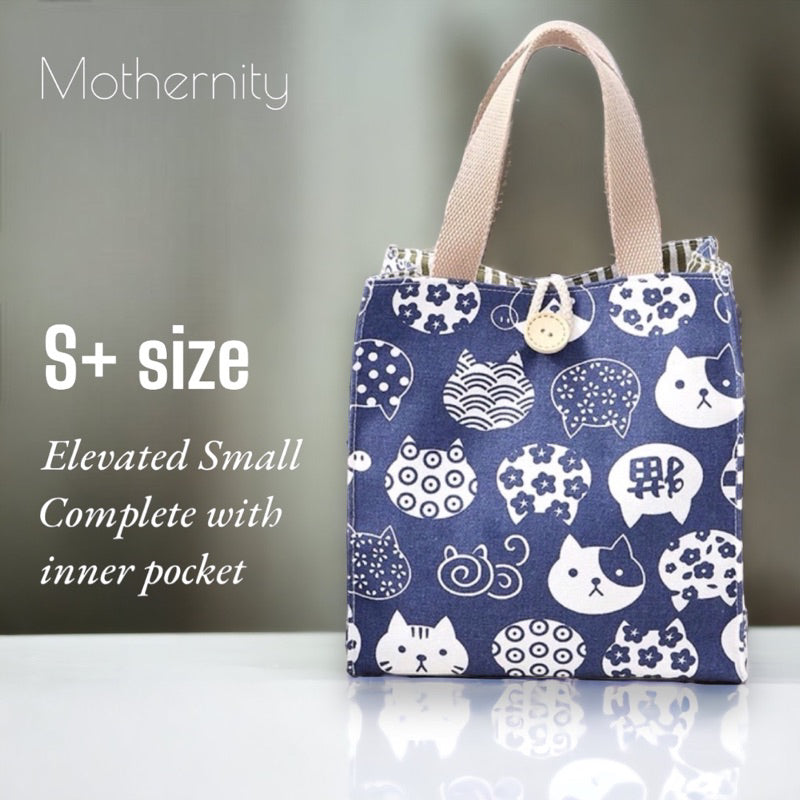 Canvas Tote Bag Lunch Bag with Zip Pocket | Japanese Style Cat Print | Mummy Casual Bag