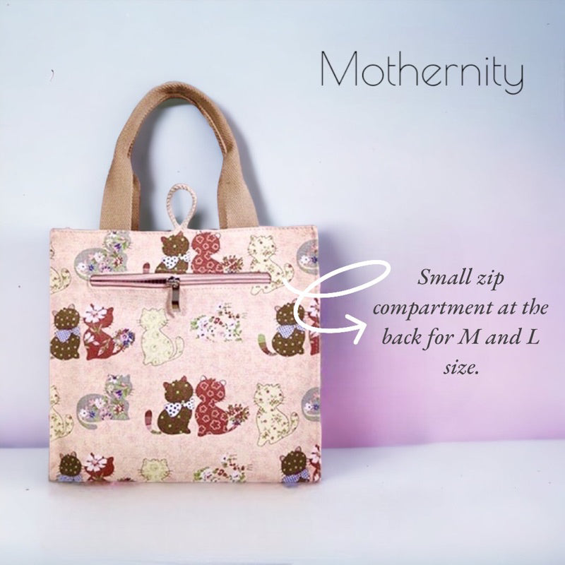 Canvas Tote Bag Lunch Bag with Zip Pocket | Japanese Style Cat Print | Mummy Casual Bag