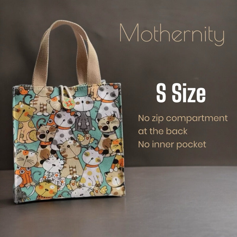 Canvas Tote Bag Lunch Bag with Zip Pocket | Japanese Style Cat Print | Mummy Casual Bag