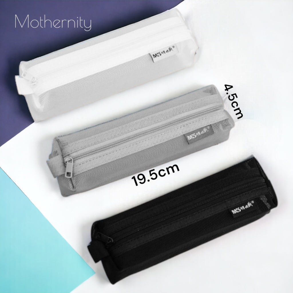 Mesh Pencil Case | Large Capacity Zipper Stationery Pouch | Minimalist Organiser – Black White Grey