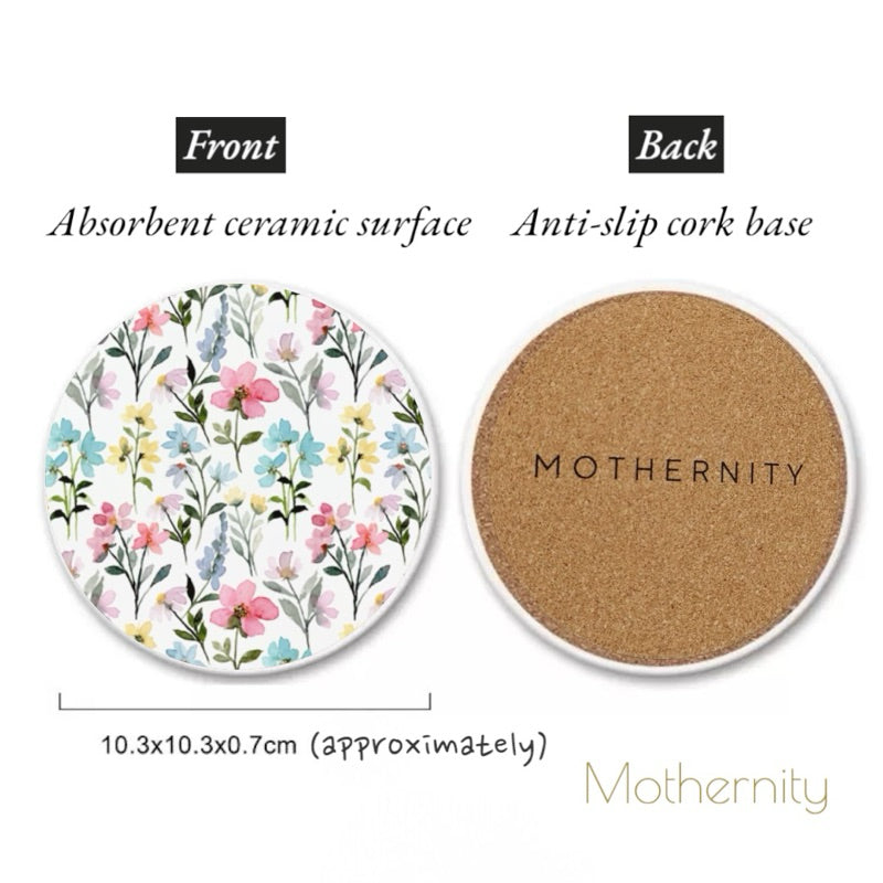 Ceramic Drink Coaster with Cork Base | Floral Absorbent Round Coaster for Hot & Cold Beverages