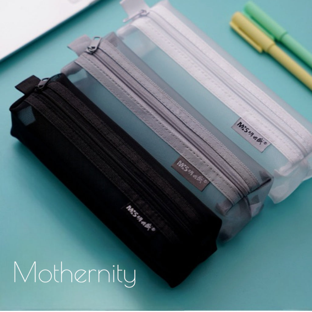 Mesh Pencil Case | Large Capacity Zipper Stationery Pouch | Minimalist Organiser – Black White Grey