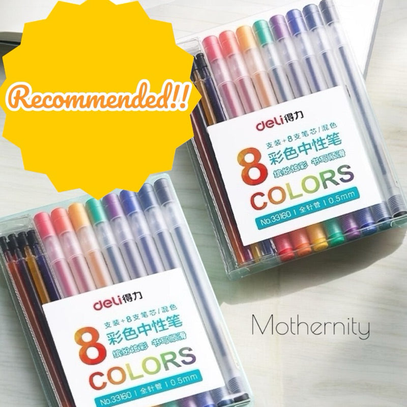 Deli A119 33160 Gel Pens 0.5mm – 8 Colours Set | Smooth Ink Fine Tip | School Office