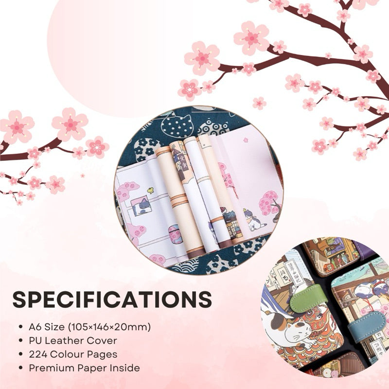 A6 PU Hardcover Journal | 224 Pages Illustrated Japanese Cat Design | Yume no Mori Notebook