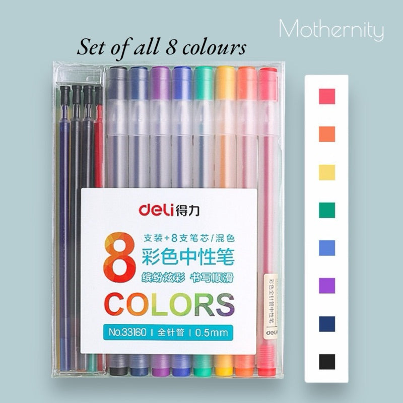 Deli A119 33160 Gel Pens 0.5mm – 8 Colours Set | Smooth Ink Fine Tip | School Office