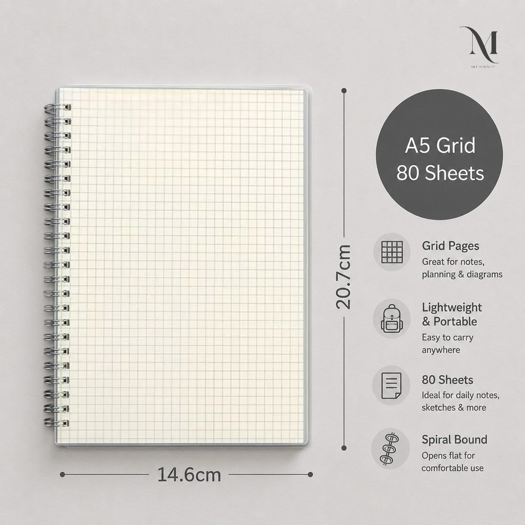 A6 A5 B5 Spiral Notebook 80 Sheets | 160 Pages | Lined Grid Blank Journal | Minimalist Notebook