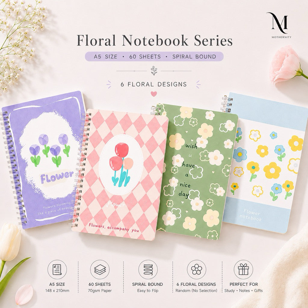 Floral A5 Spiral Notebook | Cute Pastel Journal Notebook | 60 Sheets 70gsm | Stationery Gift