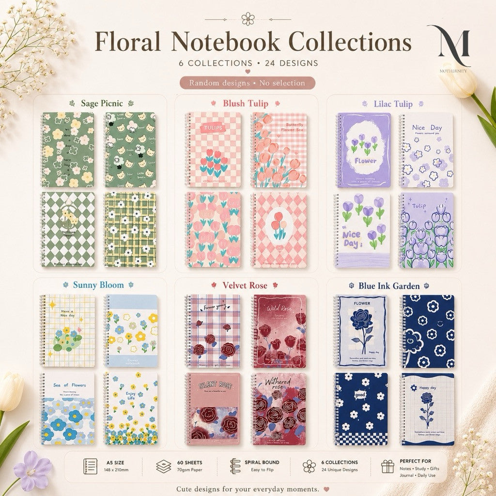Floral A5 Spiral Notebook | Cute Pastel Journal Notebook | 60 Sheets 70gsm | Stationery Gift