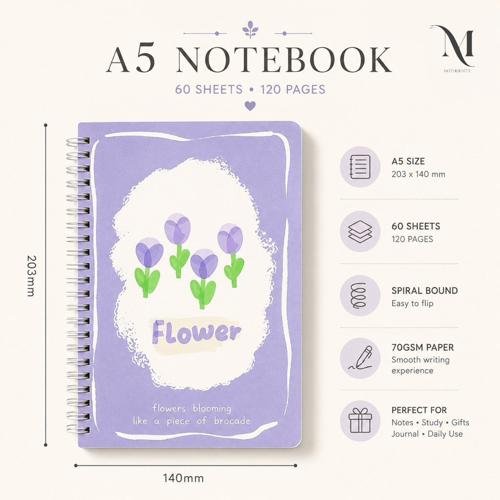 Floral A5 Spiral Notebook | Cute Pastel Journal Notebook | 60 Sheets 70gsm | Stationery Gift