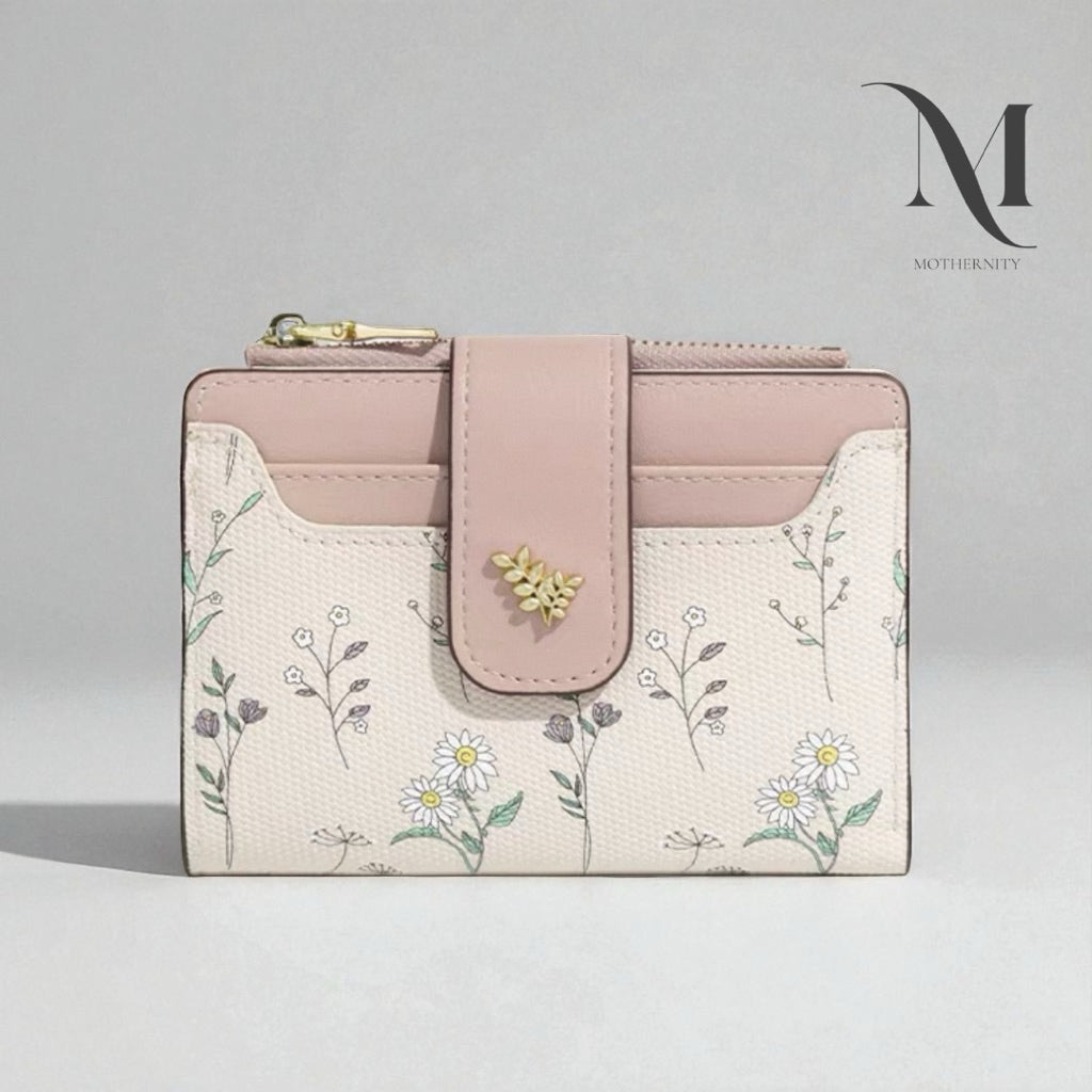 Elegant Floral Short Wallet – Korean Style Compact Purse with Coin Zip & Card Holder | Mothernity