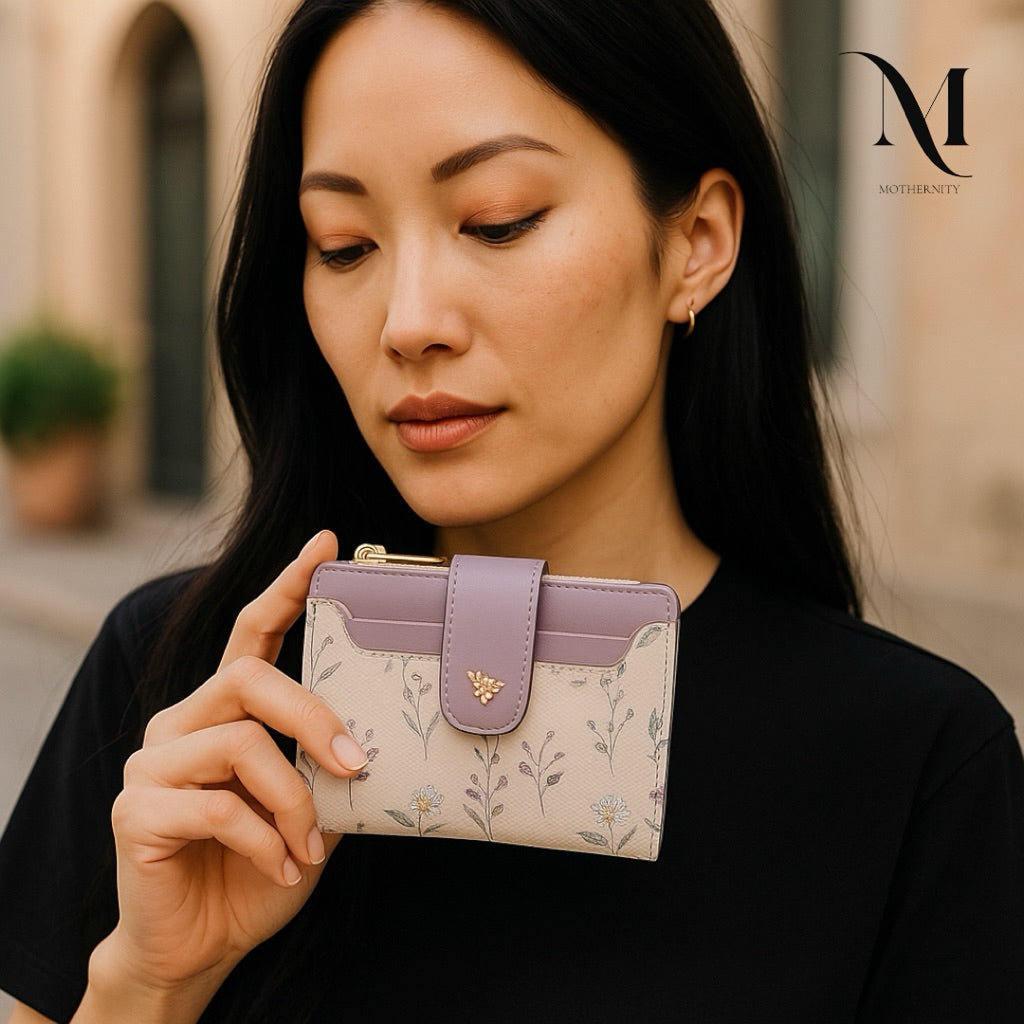 Elegant Floral Short Wallet – Korean Style Compact Purse with Coin Zip & Card Holder | Mothernity
