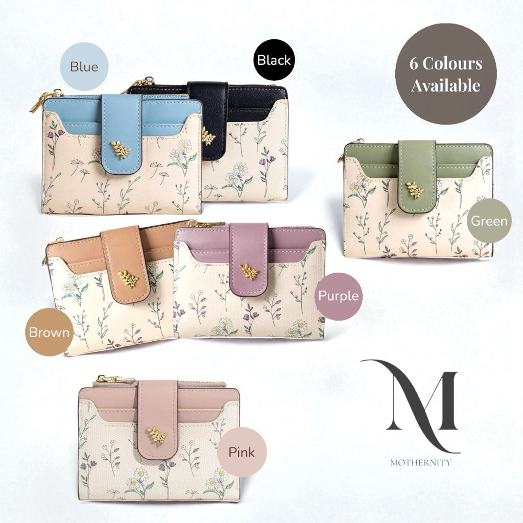 Elegant Floral Short Wallet – Korean Style Compact Purse with Coin Zip & Card Holder | Mothernity