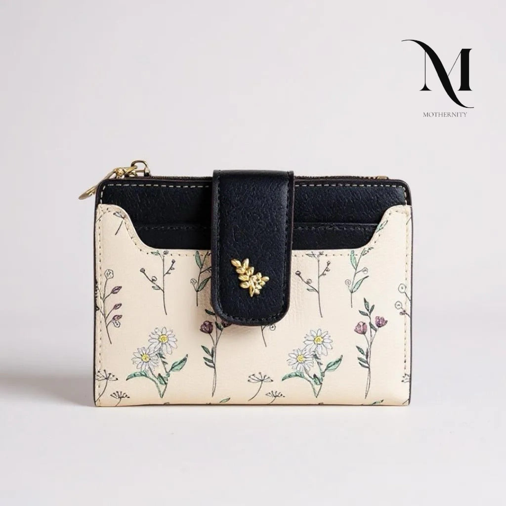 Elegant Floral Short Wallet – Korean Style Compact Purse with Coin Zip & Card Holder | Mothernity