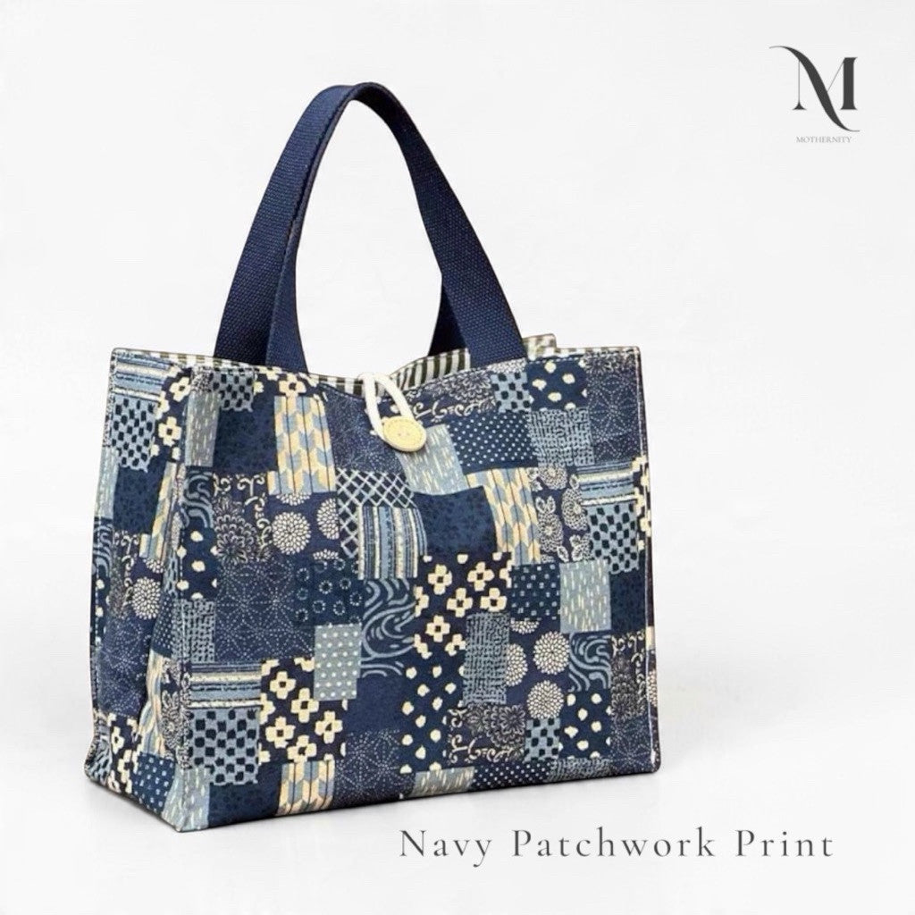 Mothernity Patchwork Canvas Tote Bag | Japanese-Inspired Print Striped Lining & Zip Pockets