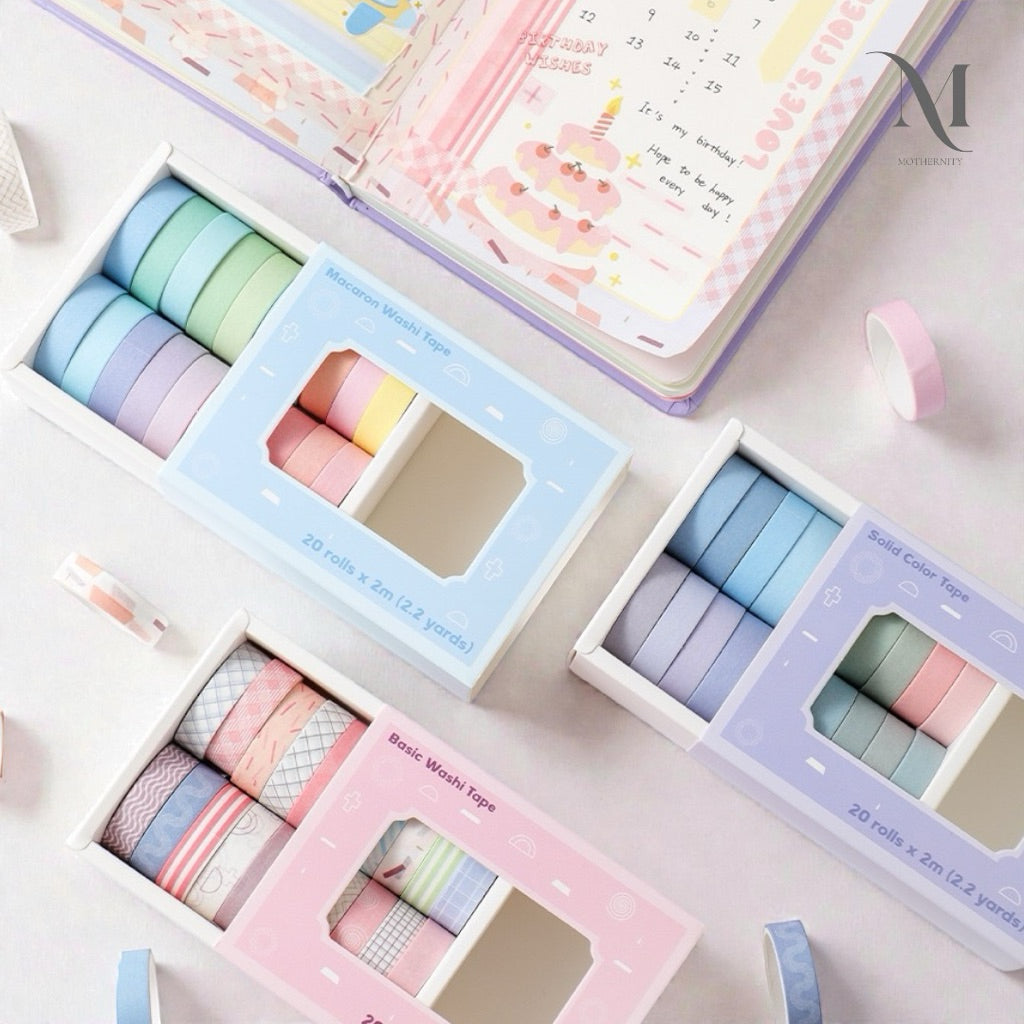 Pastel Washi Tape Set Macaron Solids & Soft Patterns 20 Rolls Decorative Tape