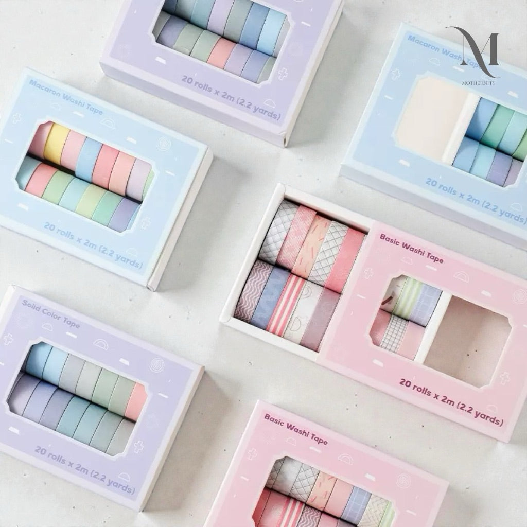 Pastel Washi Tape Set Macaron Solids & Soft Patterns 20 Rolls Decorative Tape